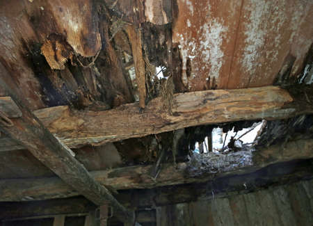 rotten and broken ceiling of an old abandoned house with the risk of collapse at any momentの写真素材