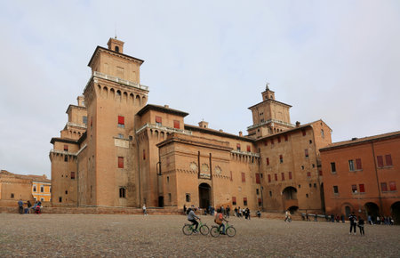 Ferrara, FE, Italy - November 3, 2018: Ancient Medieval castle called Castello Estense in italian...