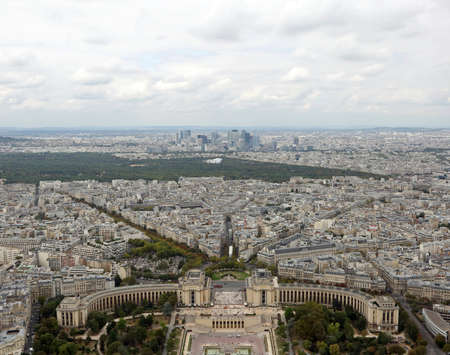 Paris, France - August 21, 2018: Panoramic view from Eiffel Tower with Trocadero Palace and Defense and more buildings in backgroundのeditorial素材