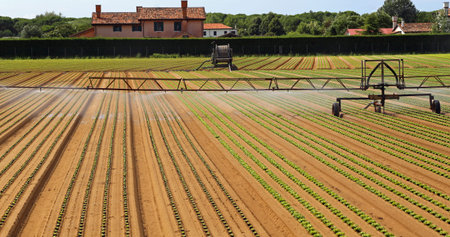 automatic irrigation system of a field of green lettuce in summer