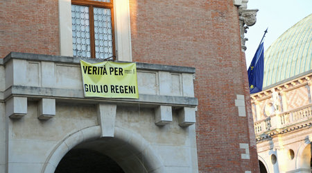 Vicenza, VI, Italy - October 8, 2017: text on the town hall which means TRUTH for Giulio Regeni, a...