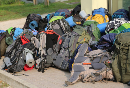 many backpacks of boys scout during the summer camp