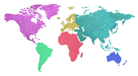 Big world map with colorful continents with shimmering glittery texture on white background
