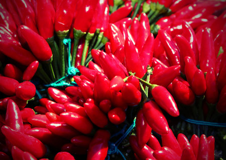 red very hot peppers for sale from the greengrocer of the local market