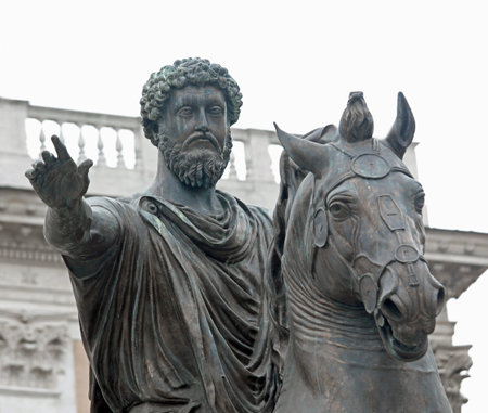 Ancient Equestrian Statue of Marcus Aurelius in Campidoglio Area in Rome Italy