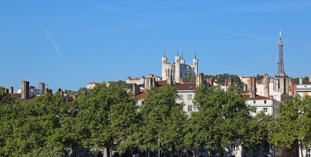 Panoramic view of Lyon city in France with basilica called Notre Dame de Fourviere