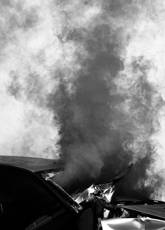 dense smoke from a damaged car after the road accident