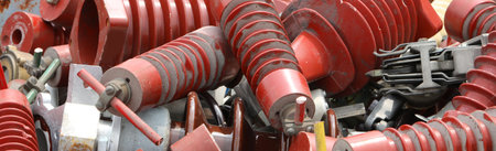 background of many old electrical insulatorsの写真素材