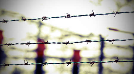 three lines of barbed wire and out of focus backgroundの写真素材