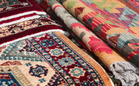 background of many Persian type carpets and also kilim type with geometric figures and colorful...
