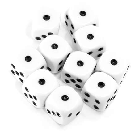 many playing dice all with the number one on a white backgroundの写真素材