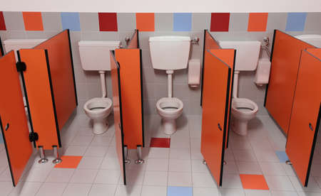 small toilet with red door in the school without childrenの写真素材