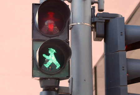 Berlin, Germany - August 20, 2017: Traffic light and the green symbol called ampelmannのeditorial素材