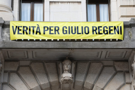 Udine, UD, Italy - July 25, 2020: Banner with text meaning TRUTH FOR GIULIO REGENI an italian...