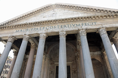 Wide facade of very ancient building called PANTHEON in Rome Italy