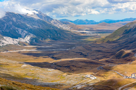 Breathtaking landscape of the immense valley in the ABRUZZO region in Central Italy in Summer viewed from aboveの写真素材
