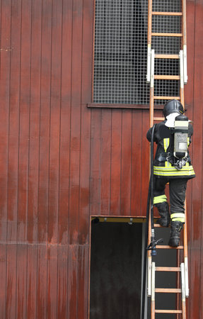 firefighter while performing an operation on the long wooden ladder