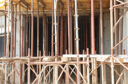 scaffolding of the construction site during the reconstruction of a building with innovative...