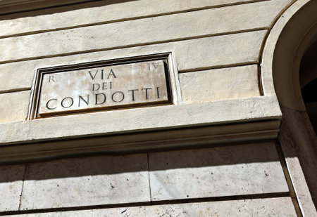 text VIA CONDOTTI on the historic building of the famous street of the historic center of Rome ITALY where there are exclusive luxury shopsの写真素材