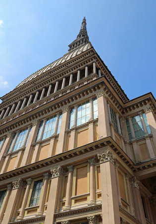 Turin, TO, Italy - August 23, 2015: huge building called MOLE ANTONELLIANA with Dome which is the symbol of the cityのeditorial素材