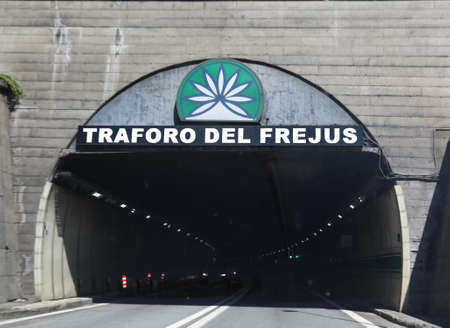 Frejus, Italy - August 15, 2018: Long Road tunnel in the border between France and Italy called TRAFORO del FREJUS in Italian Languageのeditorial素材