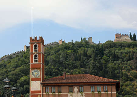Marostica, VI, Italy - September 1, 2019: Ancient Building in the main Square of Town and the castle on the hillのeditorial素材
