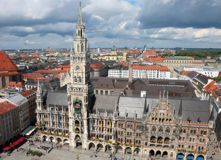 Munich, Munich, Germany - August 27, 2021: Aerial view of MarienPlatz the main square and the Rathus Palace in Europeのeditorial素材