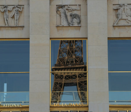 Paris, France - August 17, 2018: Reflect of Eiffel Tower in Palais of Chaillot in the Trocadero Area