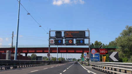 road sign of the highway near Venice in Northern Italy and the text meaning Ring Road of Mestre at...