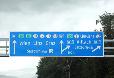motorway junction with large signs indicating the border towns in austria and italy and Wien Capital