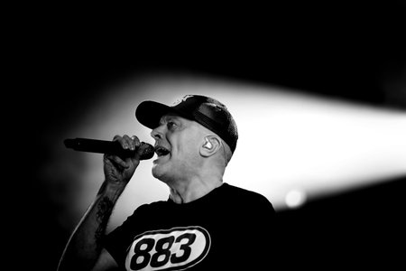 Vicenza, VI, Italy - September 11, 2021: MAX PEZZALI a famous italian singer of 883 band in live...