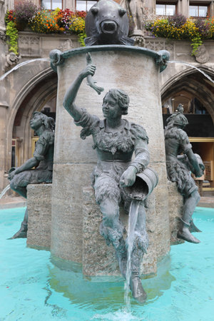 Munich, Munich, Germany - August 26, 2021: Fountain of Fish called Fischbrunnen in German language in the main square Marienplatzのeditorial素材