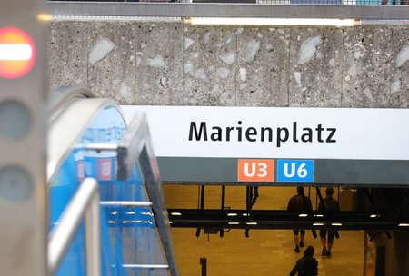 Munich, Munich, Germany - August 26, 2021: Subway entrance of lines U3 and U6 in the main square called Marienplatz and the textのeditorial素材