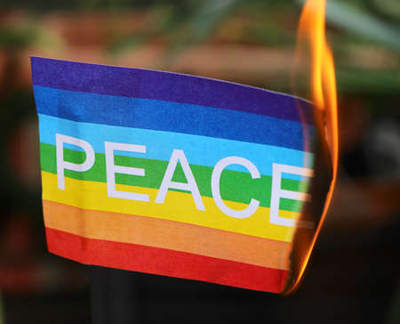 peace flag with the colors of the rainbow and the text while burning with the fire symbol of destruction and warの写真素材