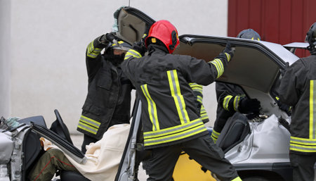 after the road accident the firefighters remove the hood from the car to free the injured person...