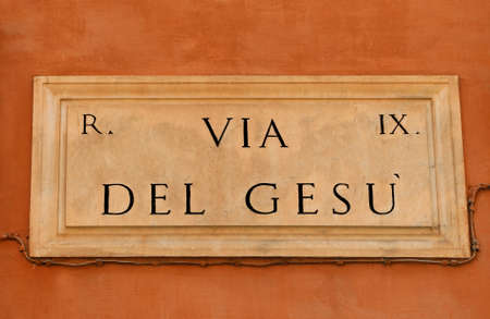 street name VIA DEL GESU which means Road of Jesus which is a famous street in Romeの写真素材