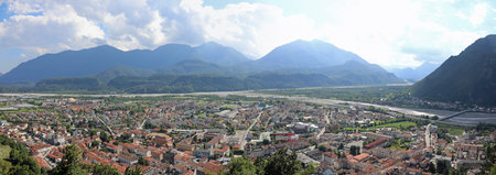 Tolmezzo, UD, Italy - June 25, 2022: Panoramic View of the City with houses and building