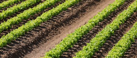 cultivated field with fresh green organic lettuce on fertile soil