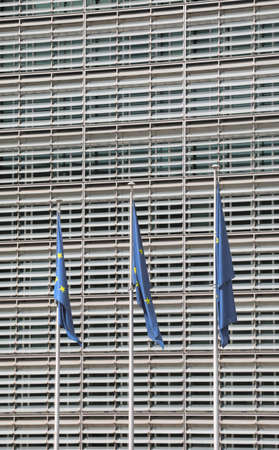 European flags and in the background the modern office buildingの写真素材