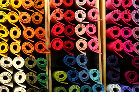 shelf with tubes of fabrics for sale in the shop for tailors clothの写真素材