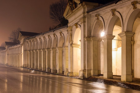 night view of the gallery of architectural arches of the city of VICENZA in Italy during the...