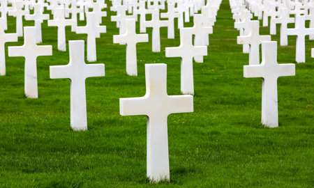 Colleville-sur-Mer, FRA, France - August 21, 2022: American Military Cemetery and many crosses on the graves of the soldiersのeditorial素材