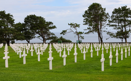 Colleville-sur-Mer, FRA, France - August 21, 2022: American Military Cemetery and many crosses on the graves of the soldiersのeditorial素材