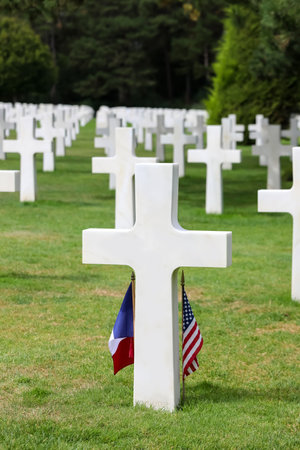 Colleville-sur-Mer, FRA, France - August 21, 2022: American Military Cemetery and many crosses on the graves of the soldiersのeditorial素材