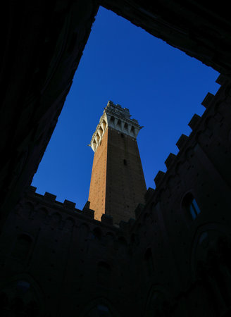 Siena, SI, Italy - February 20, 2023: famous tower called DEL MANGIA from the courtyard of the town hallのeditorial素材