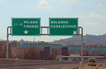Wide italian Road Signal with name of Place like Milano Florence or Bologna and Casalecchio Cityの写真素材