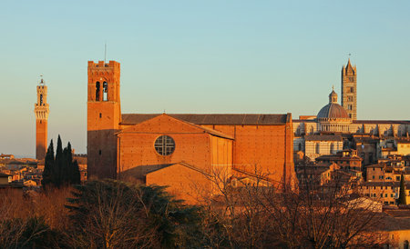 Three landamarks of Siena City TOWER Church of Saint Domenic and Cathedral at sunsetの写真素材