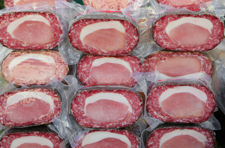 meat sausage with pork tenderloin packed with cellophane for sale at the farm