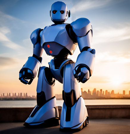 AI GENERATED humanoid guardian robot with metal armor in a futuristic sunset cityの素材