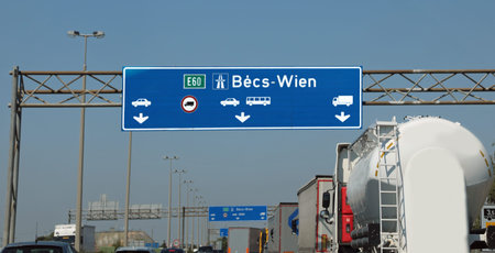 Highway signs in Austria to reach the border and various European place names